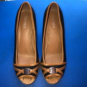 Sahara Blue & Tan Peep Toe Canvas Wedges Size 7